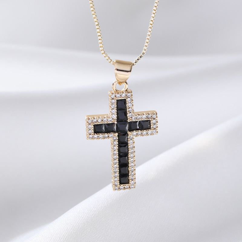 European And American Fashion Copper Micro Inlaid Zircon Cross Necklace Religious Design Hip Hop Style