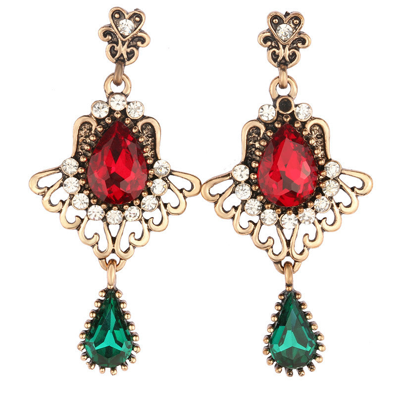 Fashion Hollowed-out Drop-shaped Ruby Glass Elegant Crystal Earrings