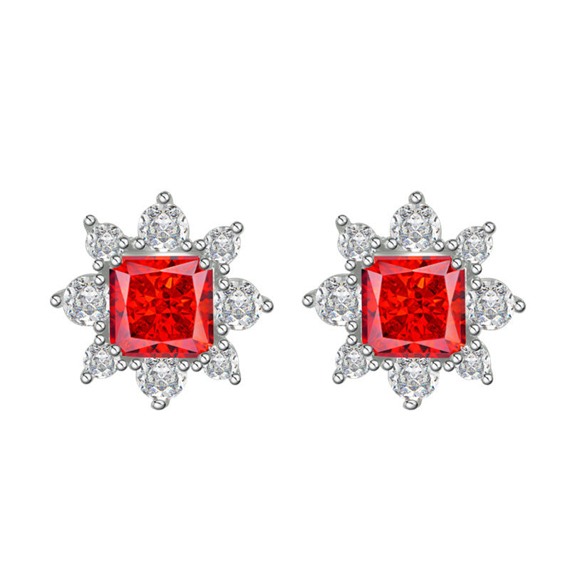 Sterling Silver Snowflake Ear Studs Inlaid Synthetic Ruby