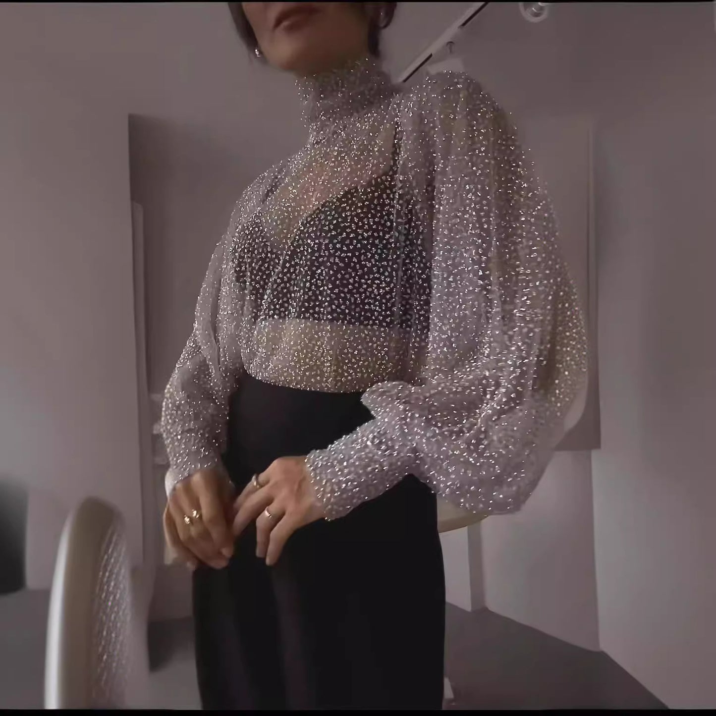 Turtleneck Grenadine Sequined Pullover Long Sleeve Bottoming Shirt