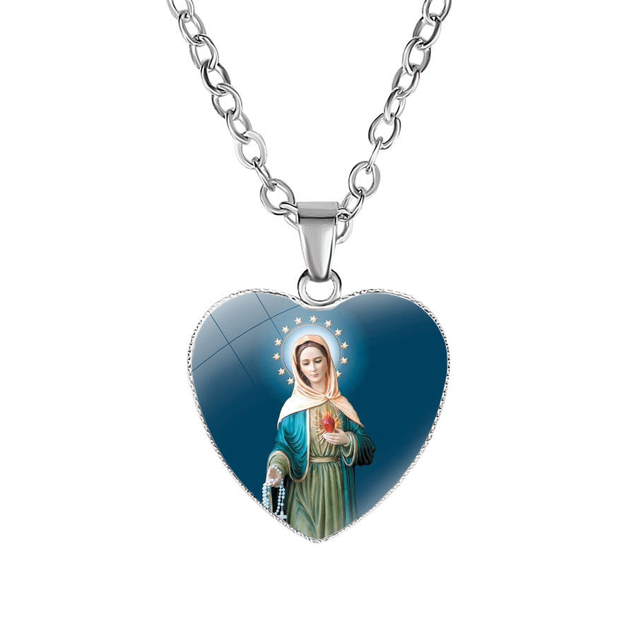 Catholic Virgin Head Portrait Heart-shaped Religious  Time Gemstone Necklace