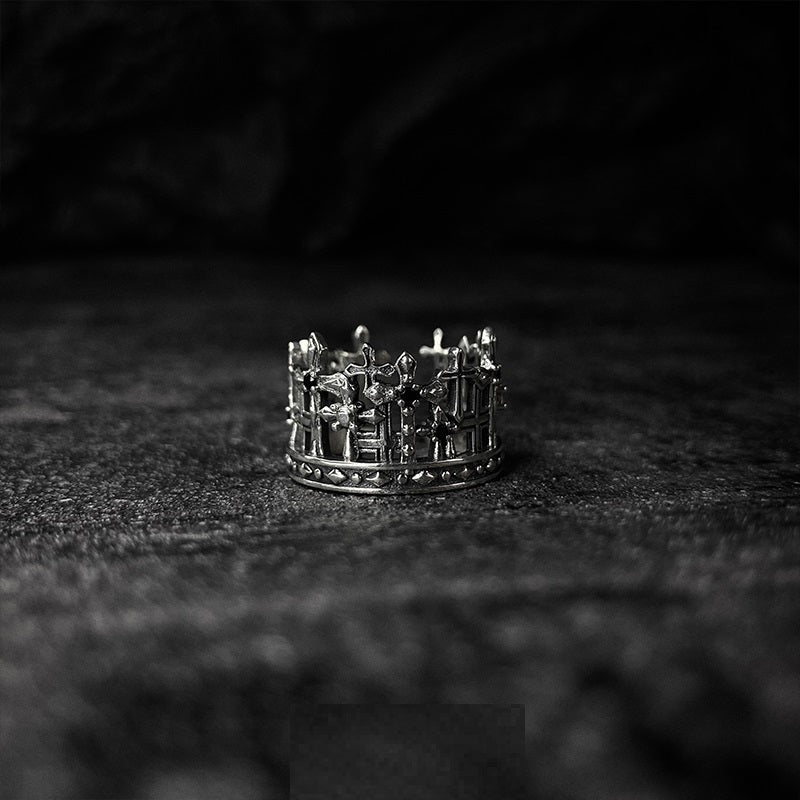 S925 Sterling Silver Retro Black Ruby Crown Cross Ring