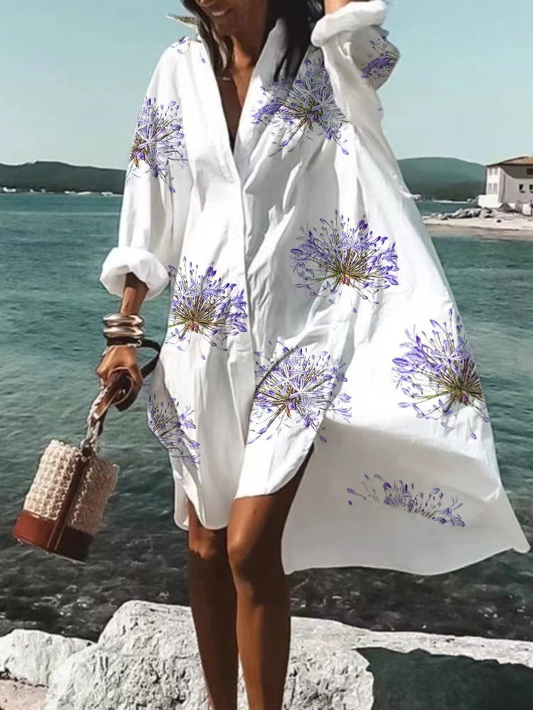 Women's Loose Digital Printing Long-sleeved Lapel Shirt Dress