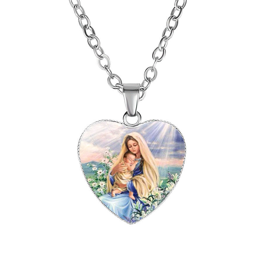 Catholic Virgin Head Portrait Heart-shaped Religious  Time Gemstone Necklace