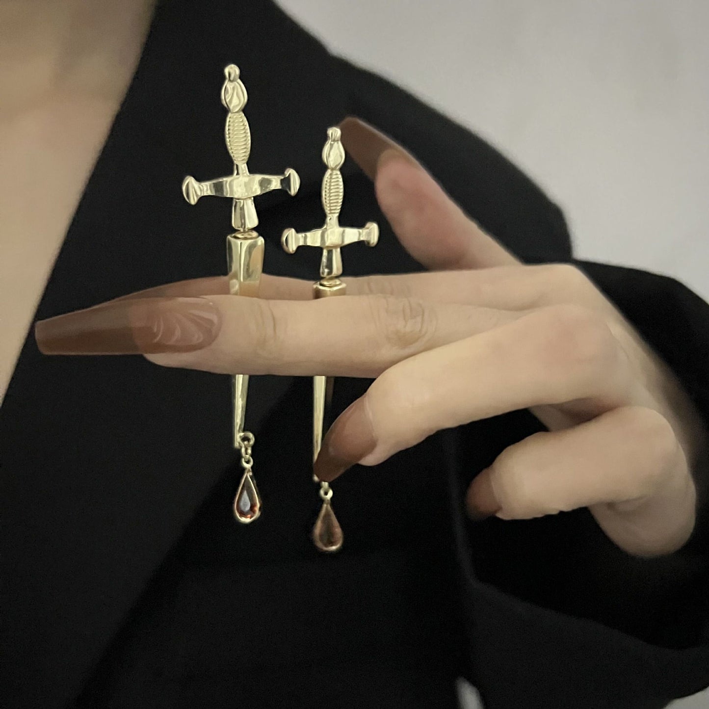 Nail Small Punk Personality Cross Ruby Personality Long Earrings