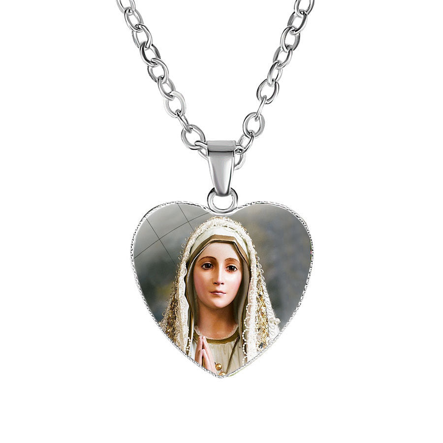 Catholic Virgin Head Portrait Heart-shaped Religious  Time Gemstone Necklace