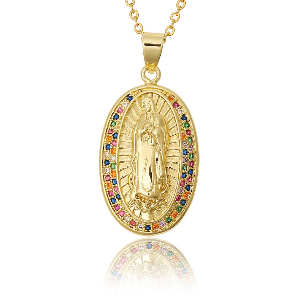 Women's Religious Jewelry Copper Micro-encrusted Zirconia Virgin Mary Pendant Devotee Necklace