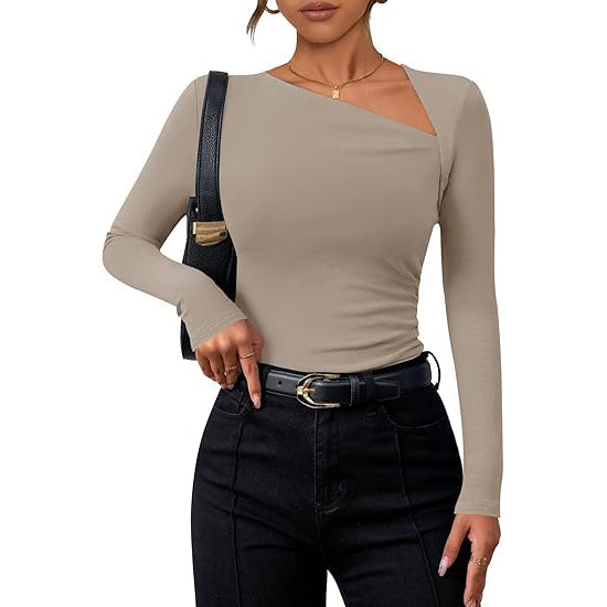 Women's Long-sleeved Diagonal Collar T-shirt