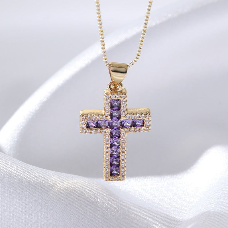 European And American Fashion Copper Micro Inlaid Zircon Cross Necklace Religious Design Hip Hop Style