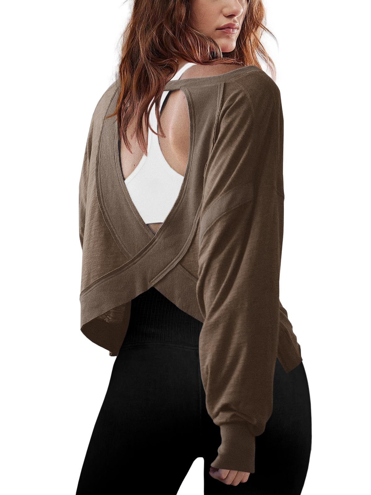 Women's Loose Long Sleeve Backless Top Hollow Out