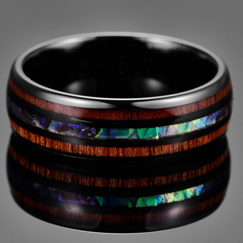 Electroplated Black Inlaid Locust Wood Abalone Shell Tungsten Ring