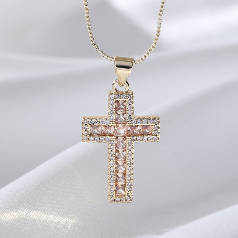 European And American Fashion Copper Micro Inlaid Zircon Cross Necklace Religious Design Hip Hop Style