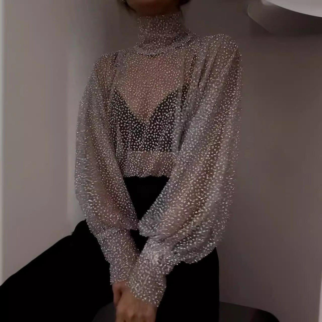 Turtleneck Grenadine Sequined Pullover Long Sleeve Bottoming Shirt