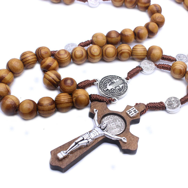 Hand-woven Wooden Bead Cross Necklace A Religious Jewelry