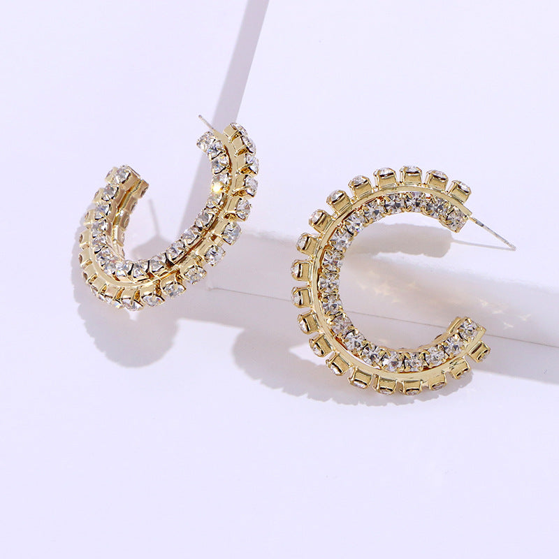 Korean Style Dongdaemun C- Shaped Semicircle Full Diamond Frosty Style Earrings