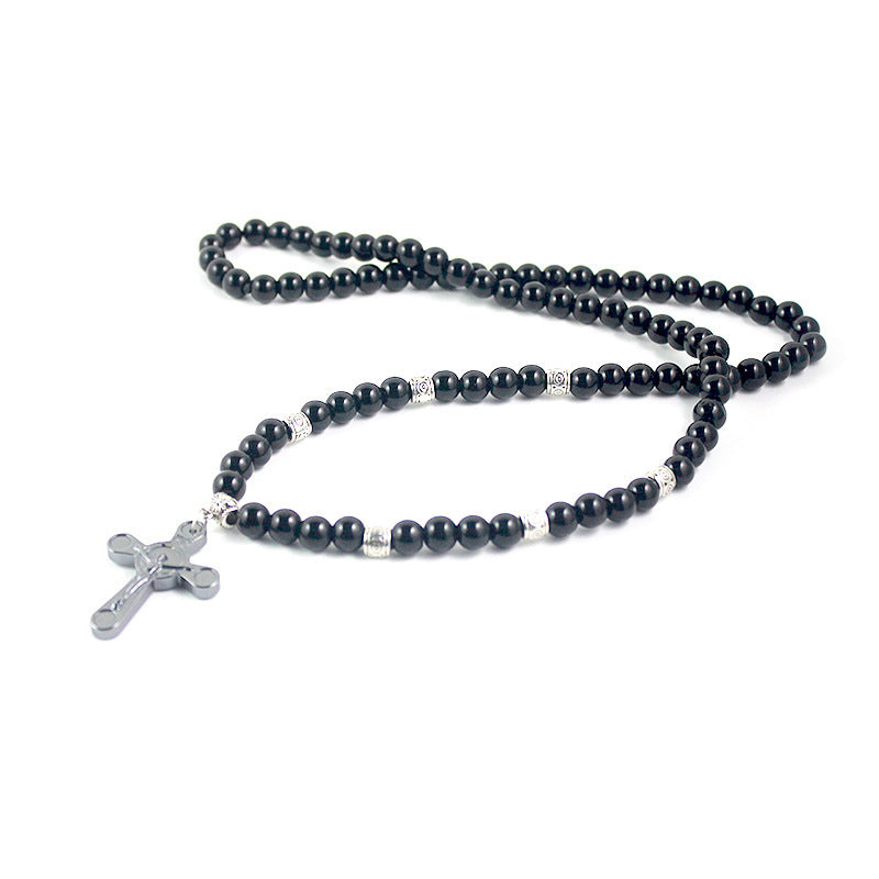 Men's Black Ball Cross Religious Necklace