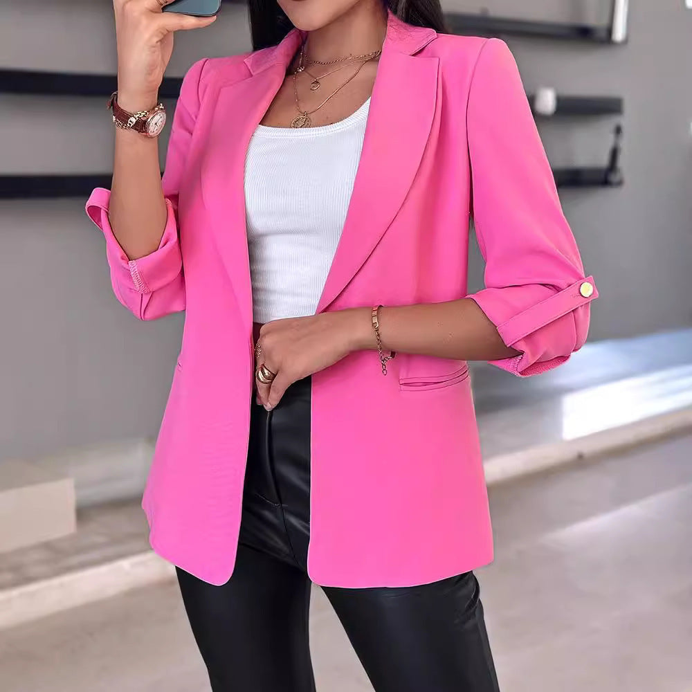 Women's Casual Rolled Sleeves Blazer With Pockets