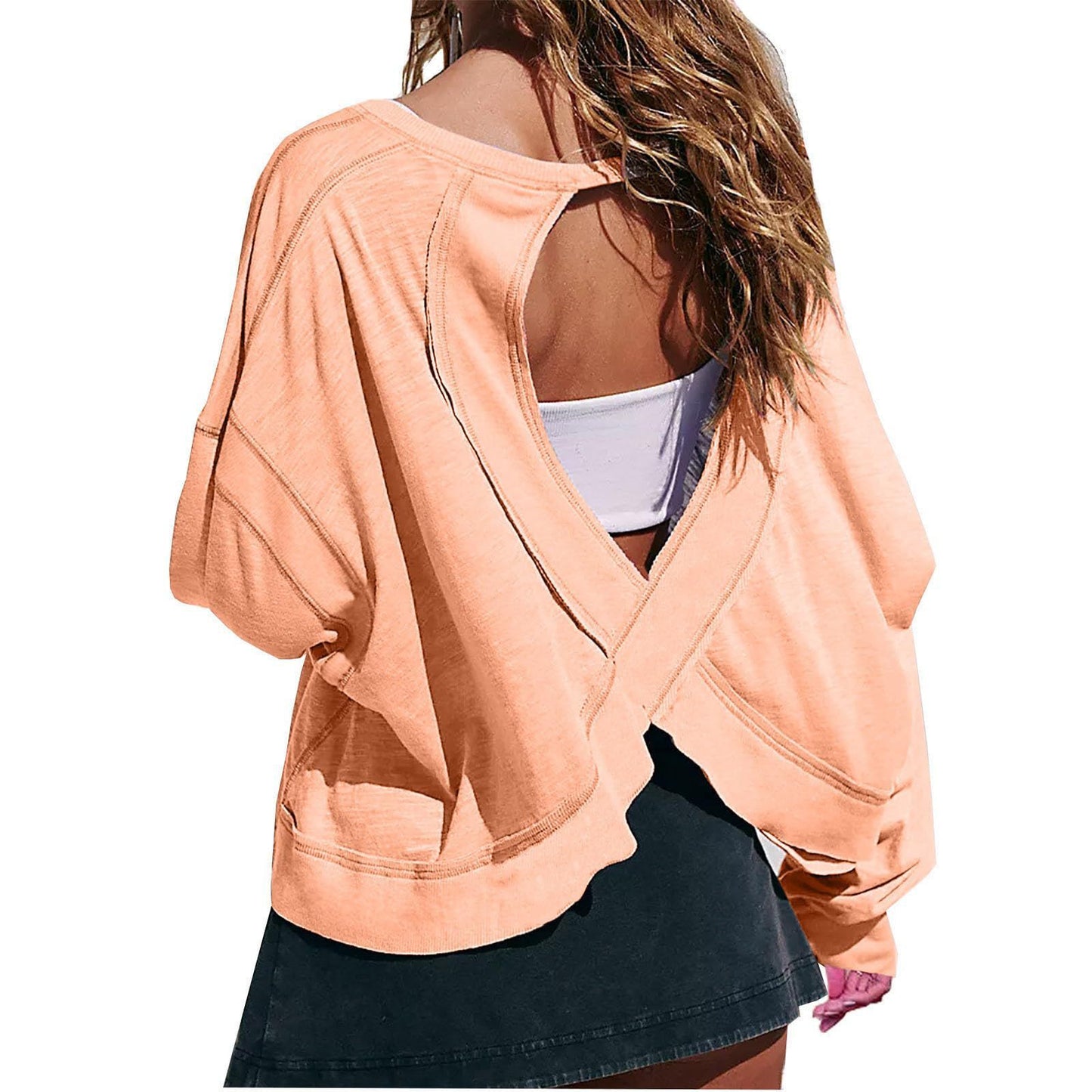 Women's Loose Long Sleeve Backless Top Hollow Out