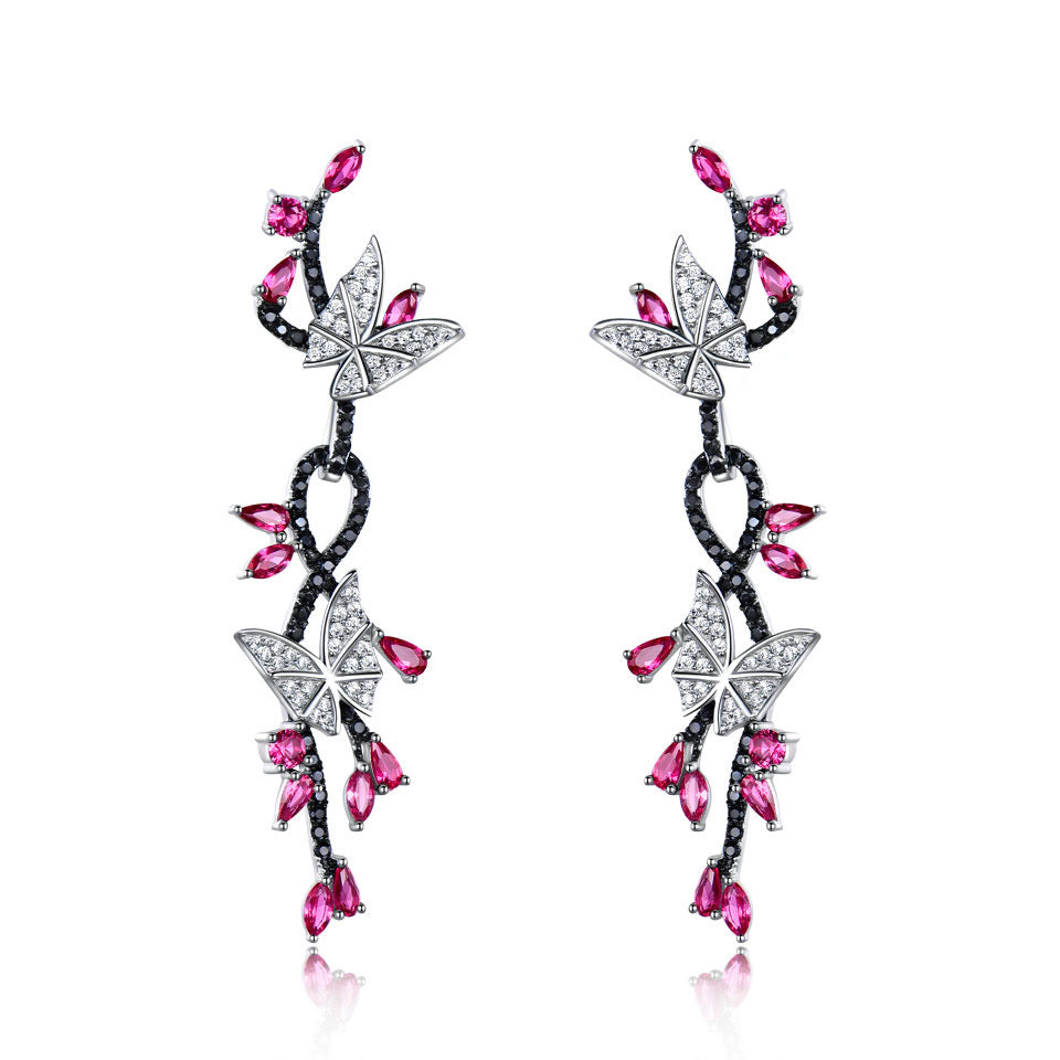 Butterfly Nano Gemstone Black Spinel Ruby Retro Earrings