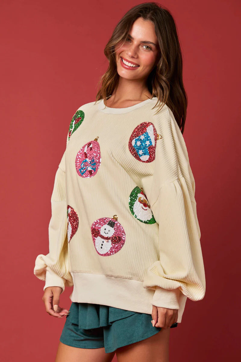 Women's Christmas Egg Sequined Long Sleeve Loose Sweatshirt Top