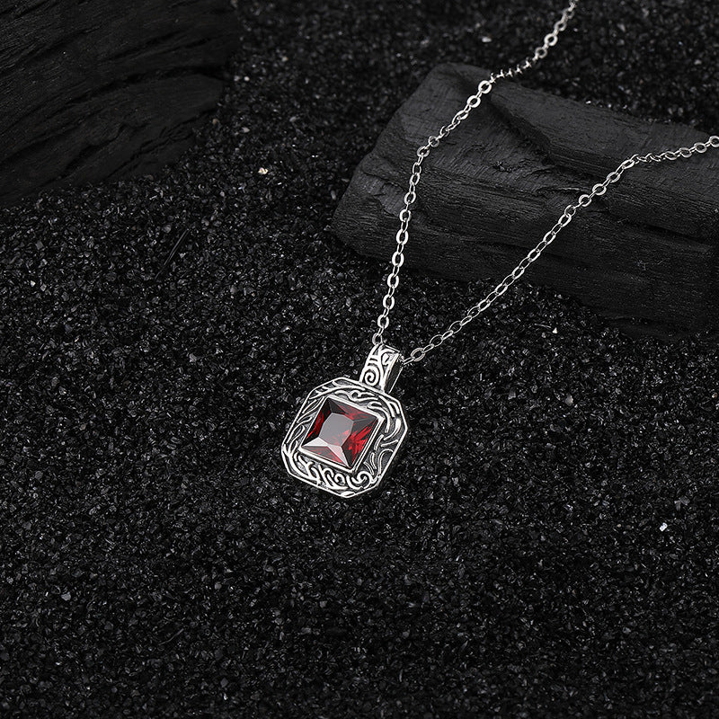 S925 Sterling Silver Vintage Engraving Square Ruby Pendant Necklace