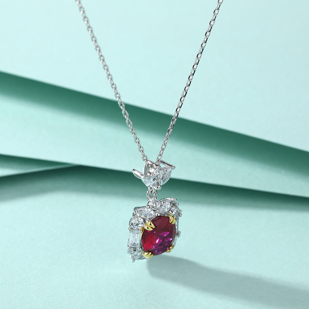 Egg-shaped Ruby Round Zircon Pendant Sterling Silver Necklace