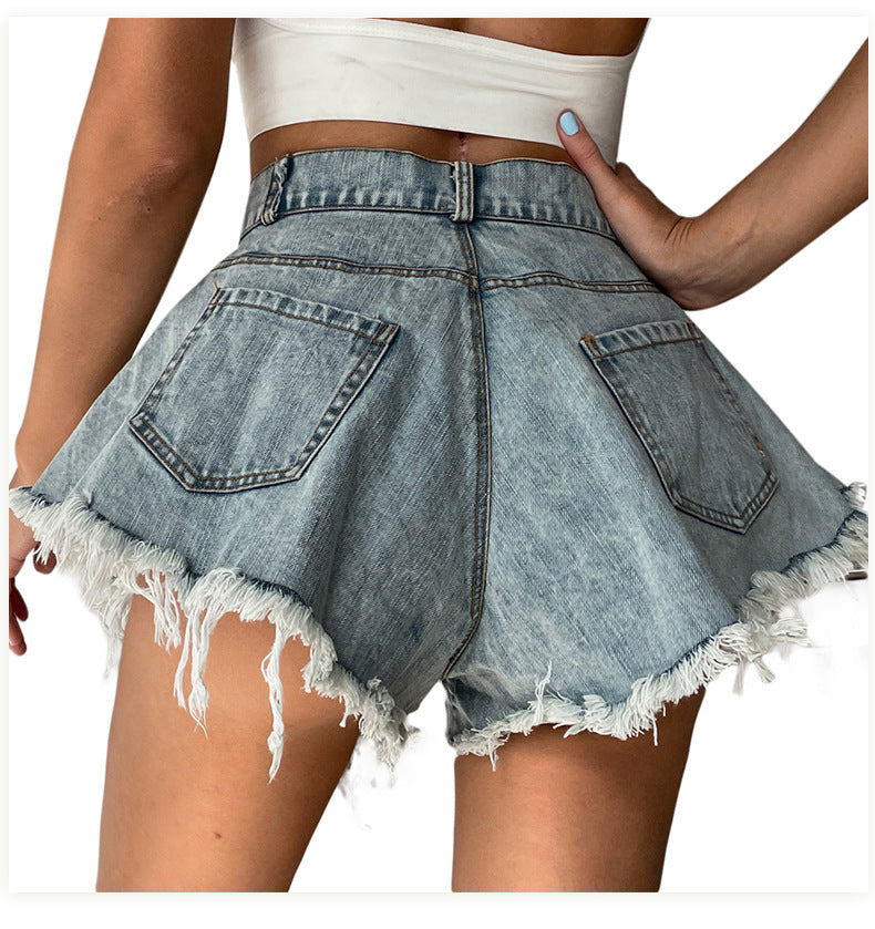 High Waist Loose-fitting Tassel Denim Shorts Para sa Babae