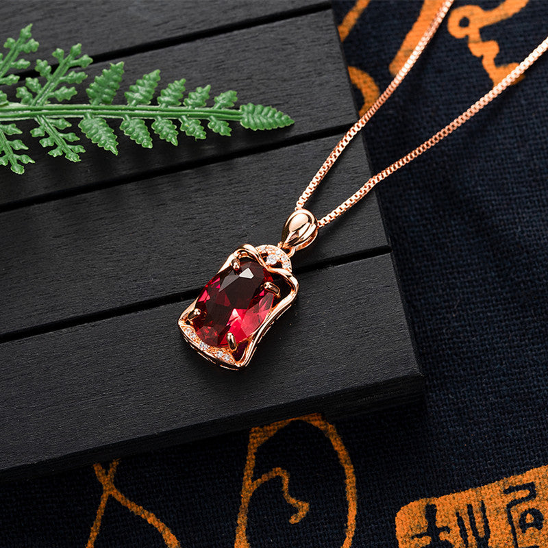 Rose Gold Square Rose Ruby Pendant Necklace