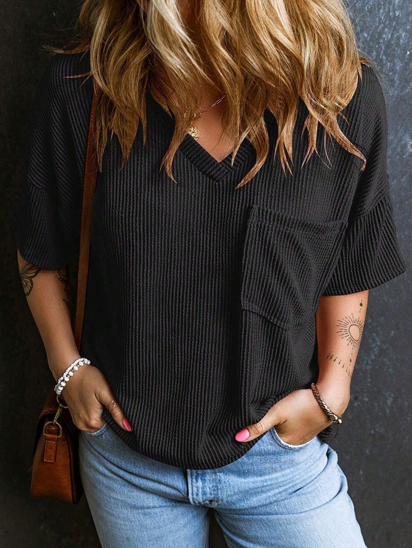 Two-tone Pocket Short Sleeve V-neck Top