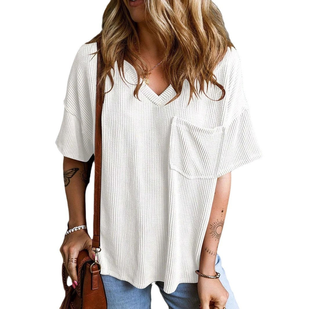 Two-tone Pocket Short Sleeve V-neck Top