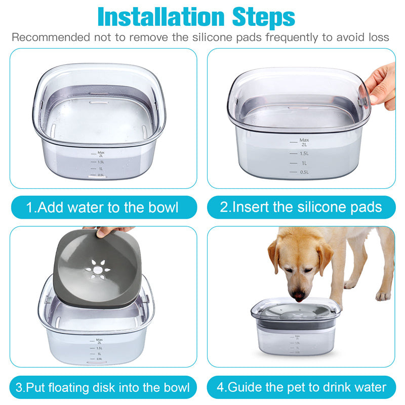 Cuenco de agua para perros de 70 oz, cuenco para perros a prueba de derrames de gran capacidad, transparente, nivel de agua visible de 2 litros, cuenco para beber lento para perros y gatos, productos para mascotas