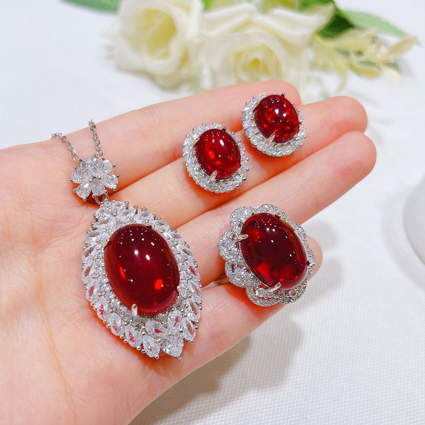 Women's Fashion Glossy Simulated Pigeon Blood Ruby Set