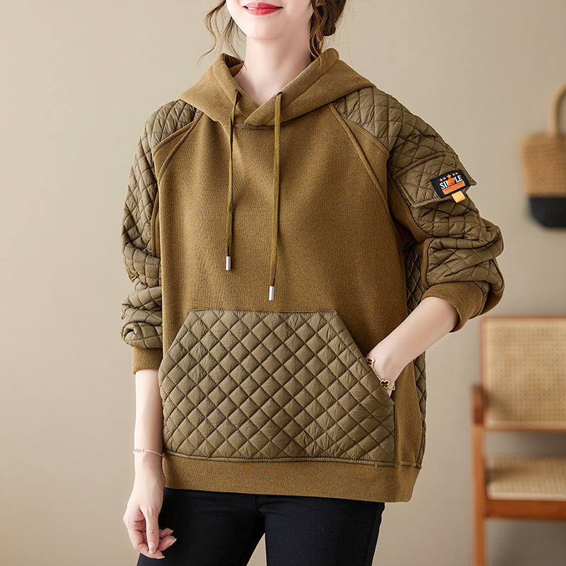 Autumn And Winter Stitching Quilted Loose Hooded Sweater