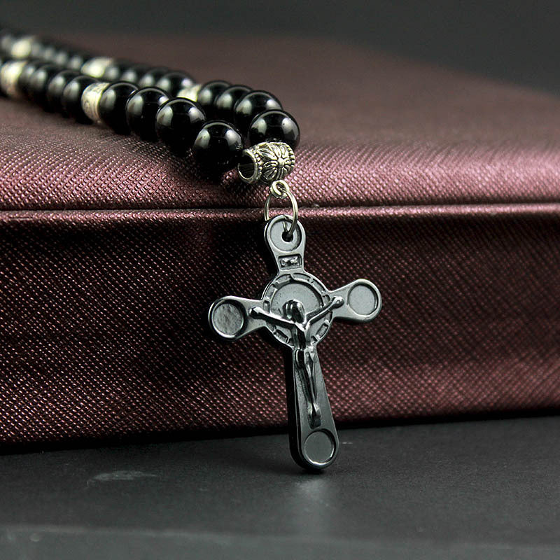 Men's Black Ball Cross Religious Necklace