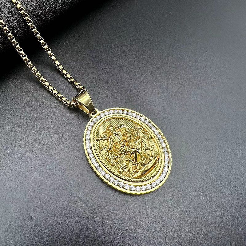 Embossed Religious Character Stainless Steel Zircon Pendant Necklace