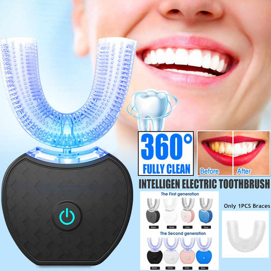 Cepillo de dientes eléctrico automático inteligente de 360 ​​grados, resistente al agua, tipo U, blanqueador, luz azul, carga USB 