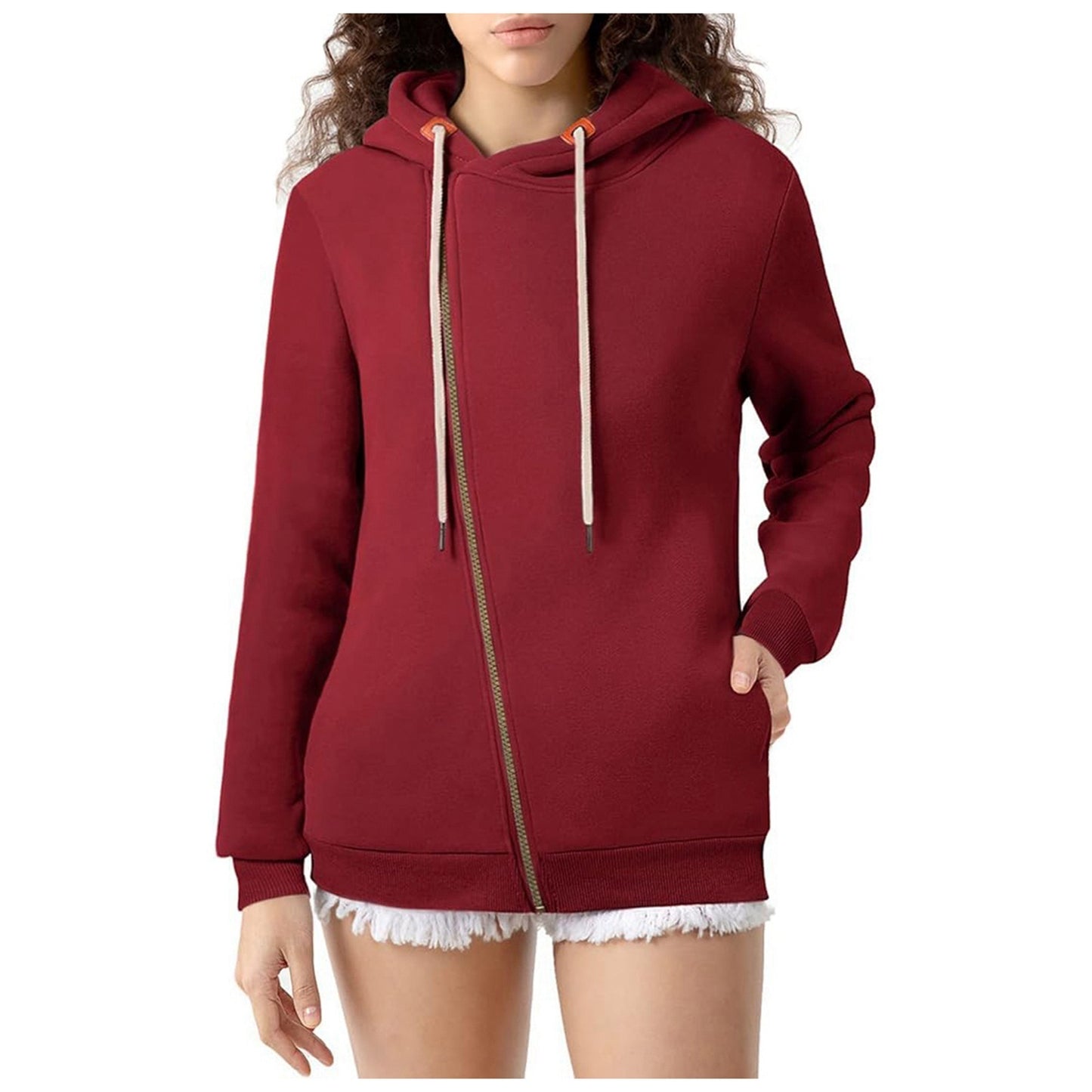 Women's Pocket Hooded Sweater Solid Color Zipper Hooded Sweatshirt