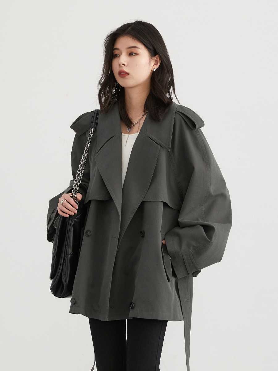 Autumn New Loose Tencel Raglan Long Sleeve Double Breasted Trench Coat