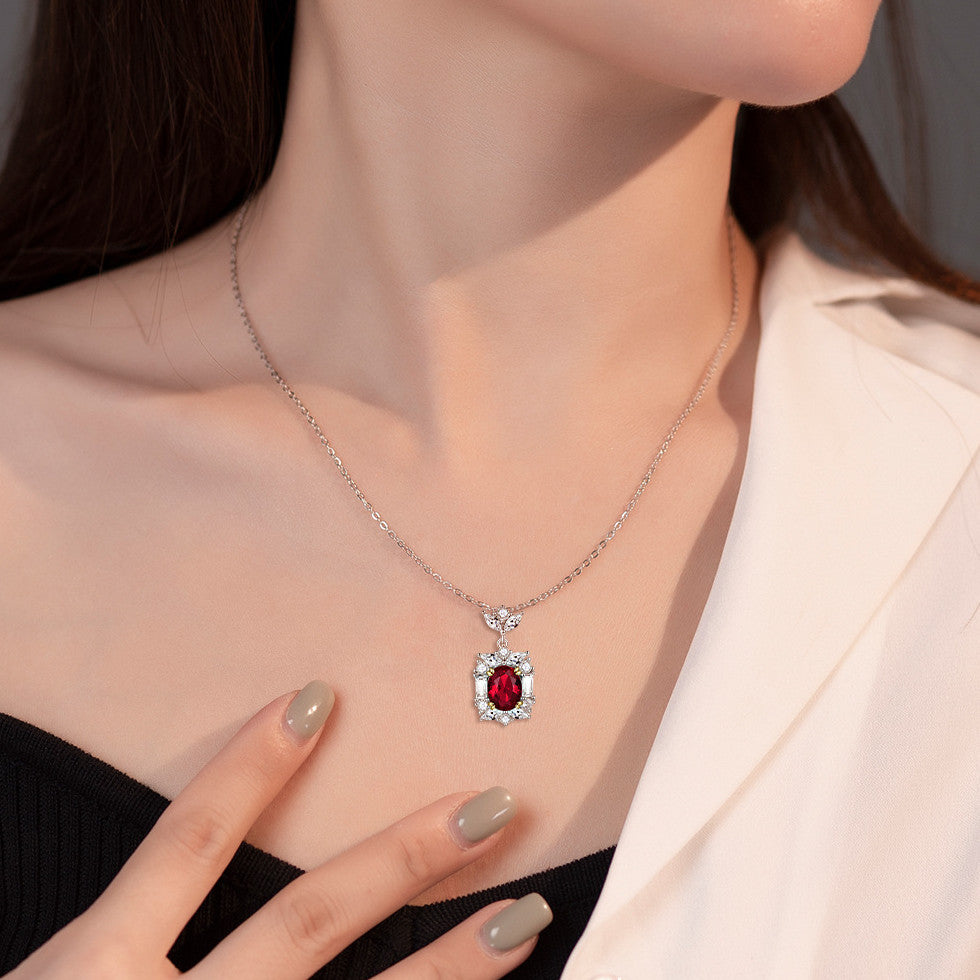 Egg-shaped Ruby Round Zircon Pendant Sterling Silver Necklace