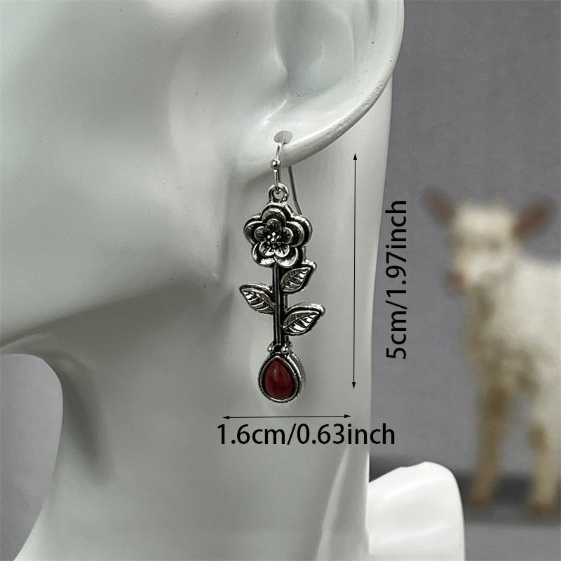 Leaves Flower Ornament Women's Retro Creative Ruby Earrings