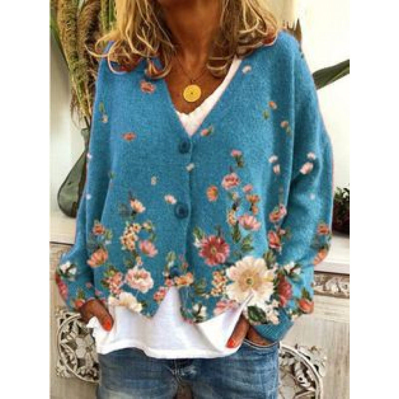 Women's Cardigan Sweater Artistic Retro Printing Colorful Flora