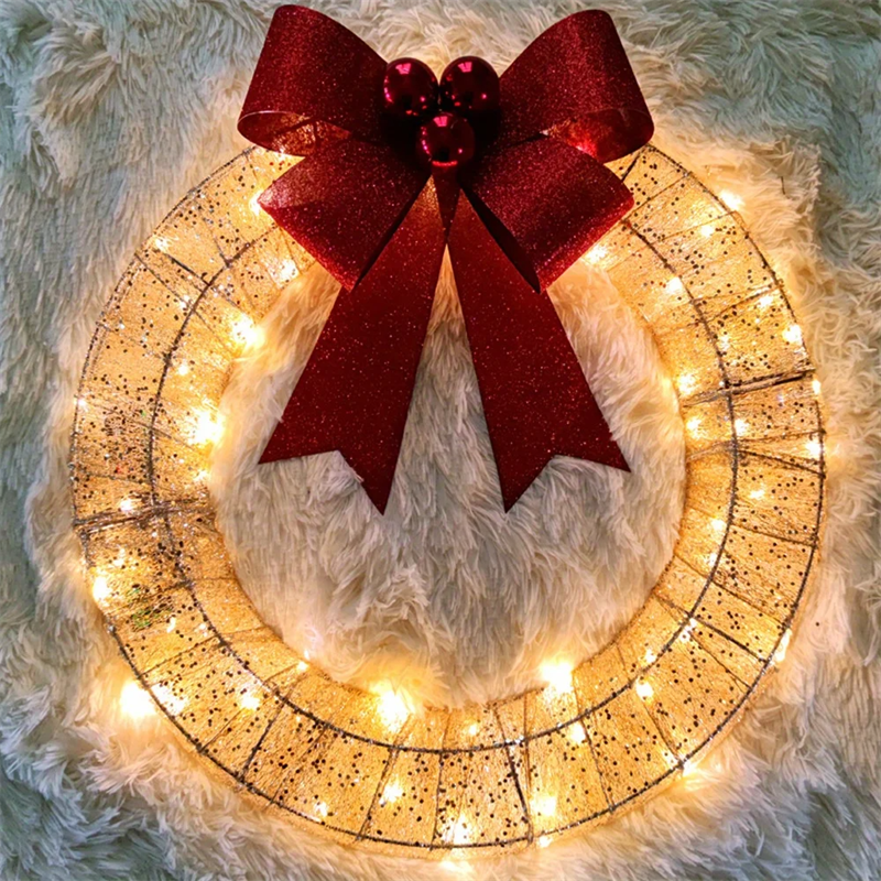 Christmas Garland 50CM Luminous LED Warm Light Metal Luminous Wreath Na May Malaking Bowknot Christmas Front Door Home Holiday Party Door Hanging Decor