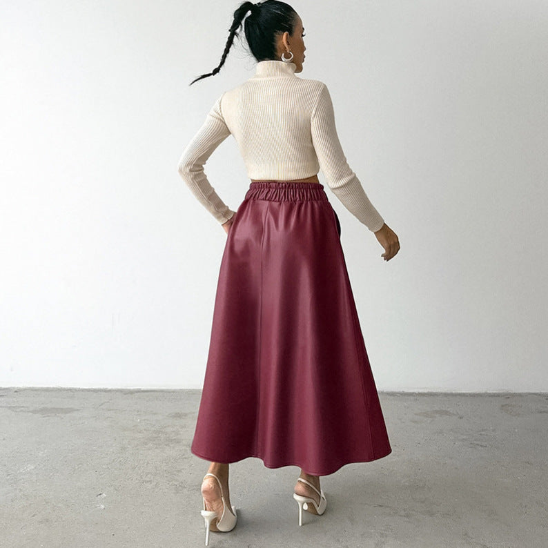 Wine Red Faux Leather High Waist Skirt