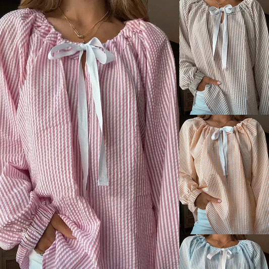 Women's Chiffon Shirt Striped Lace-up Top