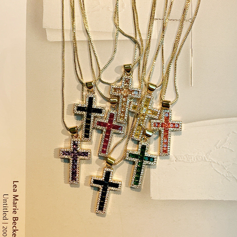 European And American Fashion Copper Micro Inlaid Zircon Cross Necklace Religious Design Hip Hop Style