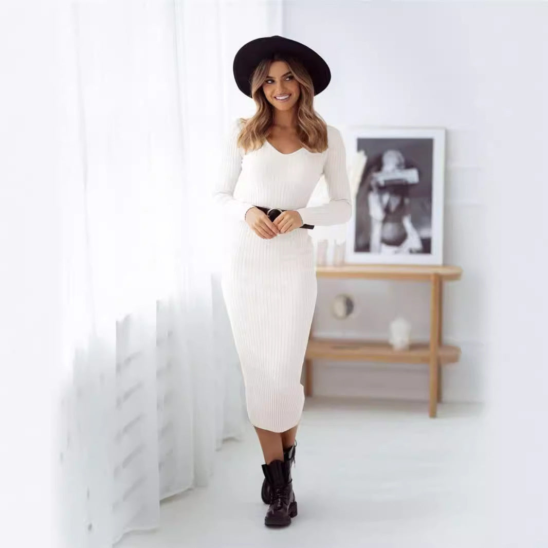 Women's Midi Dress Solid Color Knitted Dress