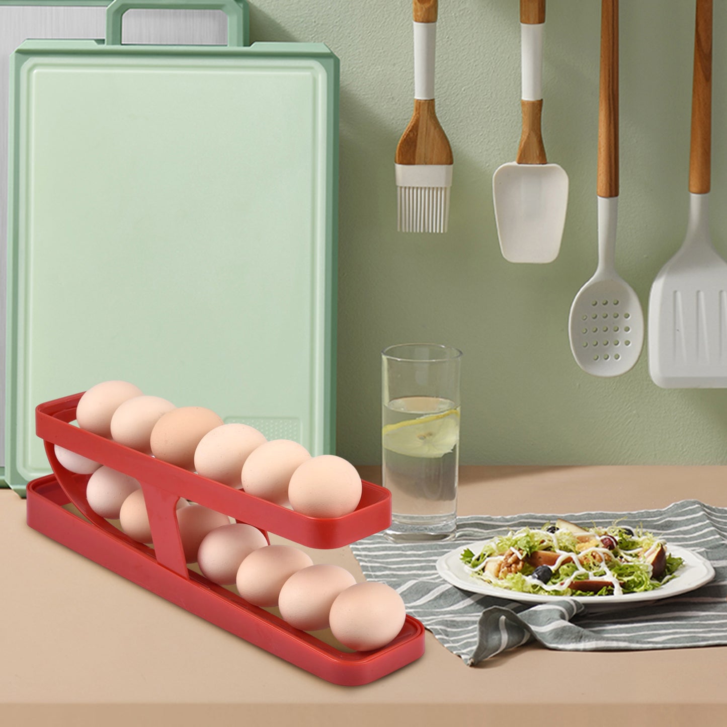 Awtomatikong Pag-scroll sa Egg Rack Holder ng Storage Box Egg Basket Container Organizer Rolldown Refrigerator Egg Dispenser Para sa Mga Gadget sa Kusina