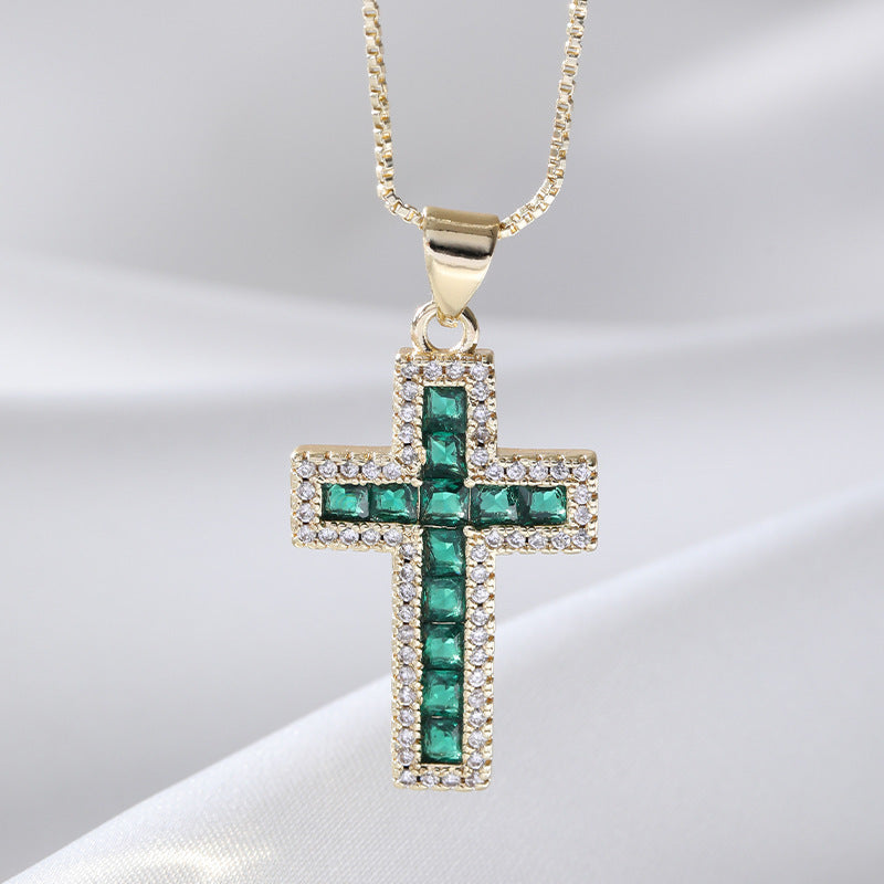 European And American Fashion Copper Micro Inlaid Zircon Cross Necklace Religious Design Hip Hop Style