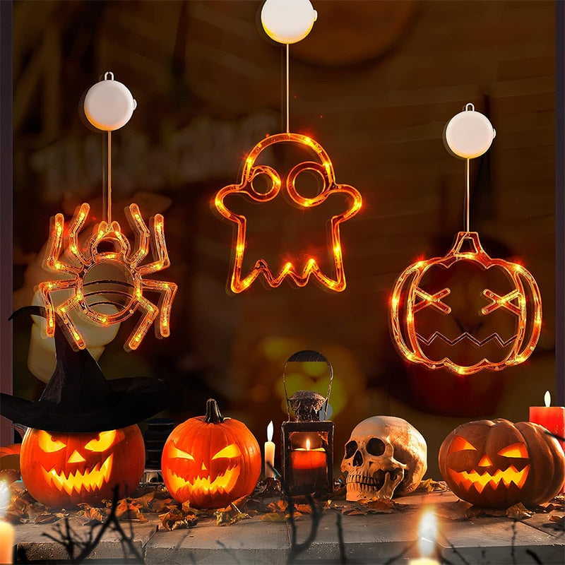 Halloween Window Hanging LED Lights Spider Pumpkin Hanging Ghost Horror Atmosphere Lights Holiday Party Decorative Lights Home Decor