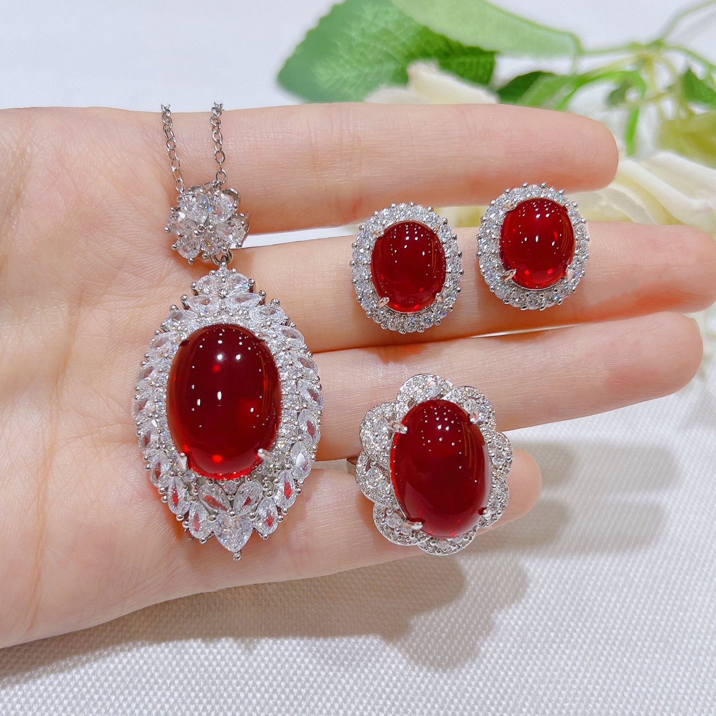 Women's Fashion Glossy Simulated Pigeon Blood Ruby Set